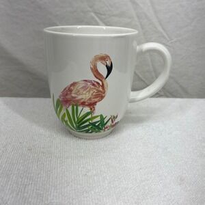 Meritage Flamingo Tropical Palm Leaf Ceramic Coffee Mug White Pink Green 4in